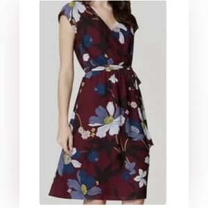Loft Womens Dress S Burgundy Blue A Line V Neck Short Sleeve Line Elastic Waist